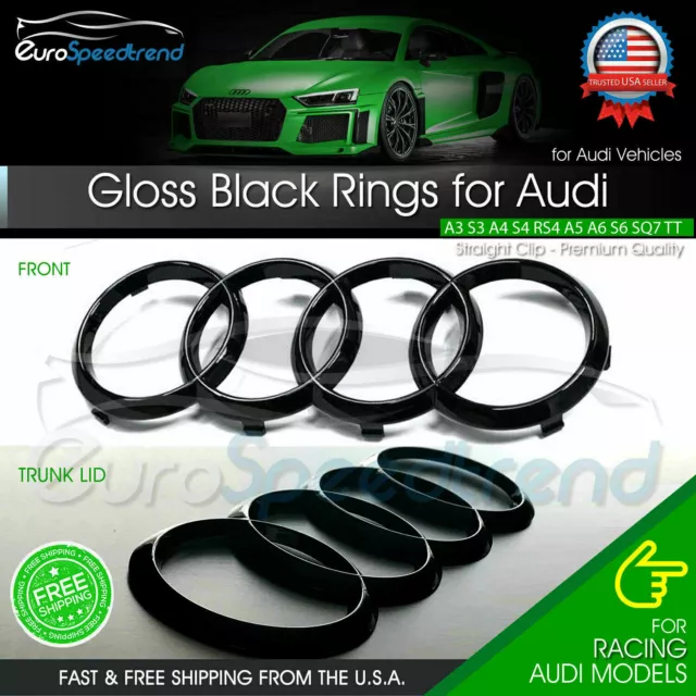 Audi Rings Front Grill & Rear Trunk Emblem Gloss Black Logo A3 A4 S4 A5 S5 A6 S6