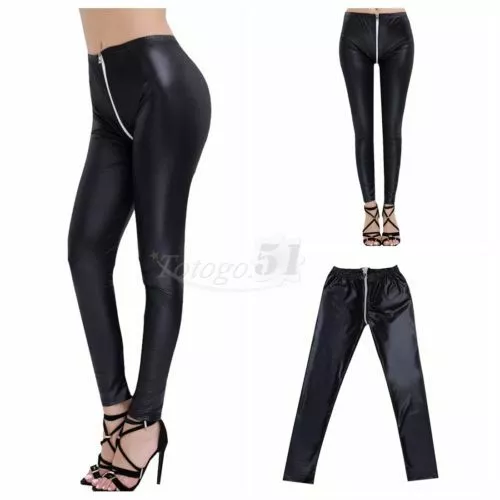 Women Strethcy Shiny Wet LOOK Vinyl Leggings Trouser PU Leather 2 Zipper  Pants