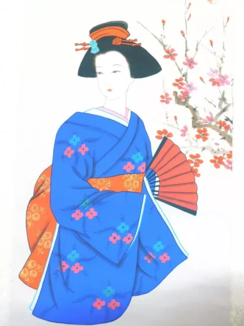 Geisha Japanese Girl Painting in Blue Kimono Wall Hanging Silk Scroll Print New 3