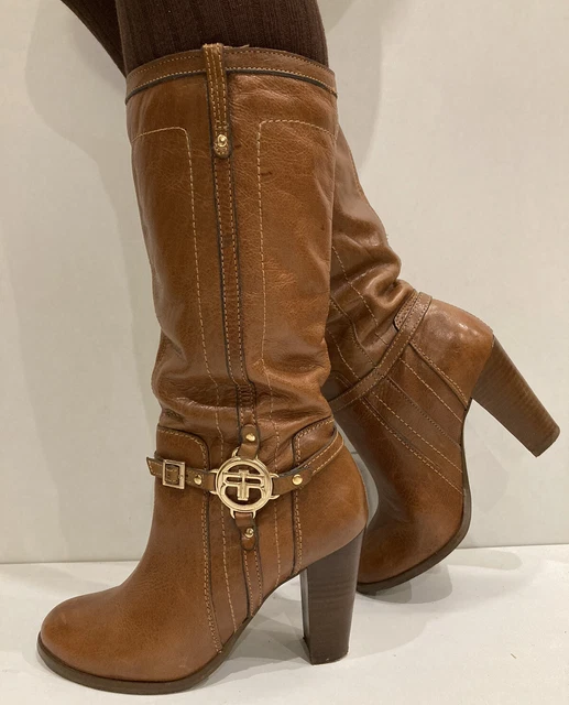 VINTAGE RIVER ISLAND Tan Leather Mid Calf Boots UK5 Excellent Condition