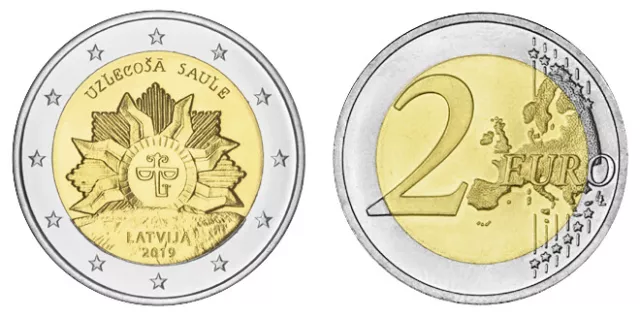 LETTLAND 2 EURO AUFGEHENDE SONNE - DAS WAPPEN LETTLANDS 2019 bankfrisch