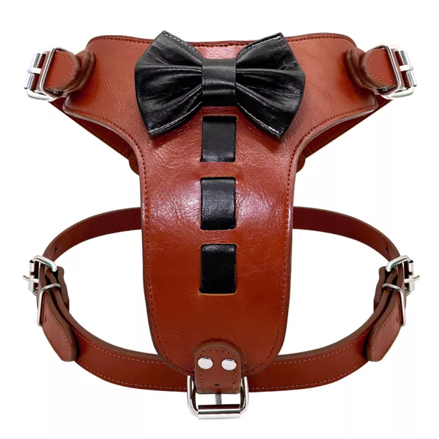 Brown No Pull PU Leather Dog Harness with Bow Medium Large Breed Vest Adjustable