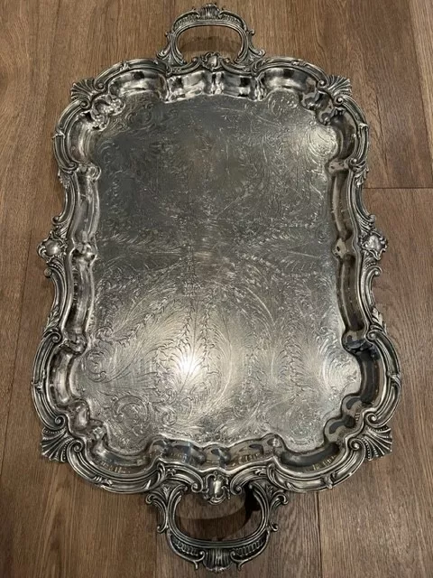 Large Silver Plate On Copper Footed Serving Tray