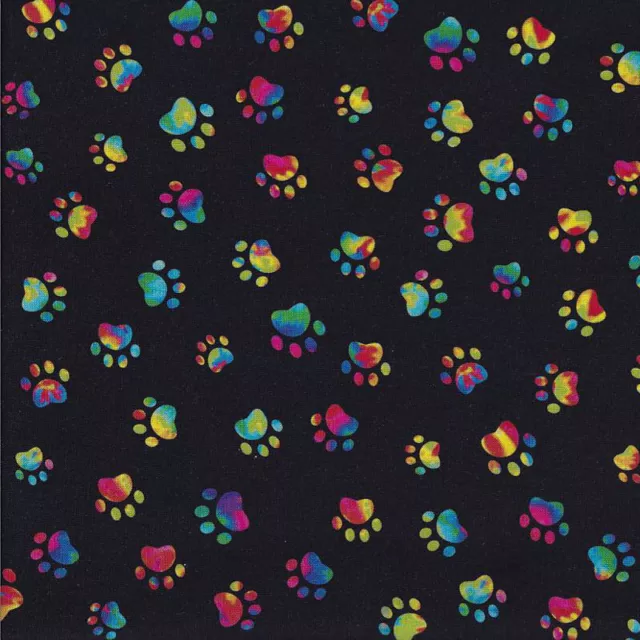 Rainbow Coloured Paw Prints on Black Cat Quilting Fabric 1/2 Metre