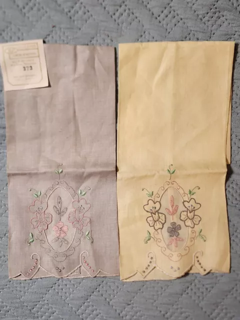 2-Vintage Linen Tea Towels B.C. Linens New with Tags Hand Embroidery
