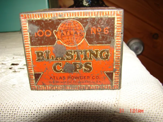 Vintage Atlas 100 No. 6 Blasting Caps Tin Rectangular Wilmington, DE