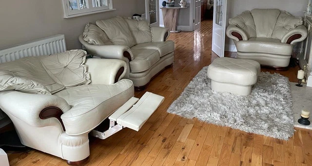 3 Piece Sofa Suite 1 Double 2 Armchairs + Footstool Cream Leather