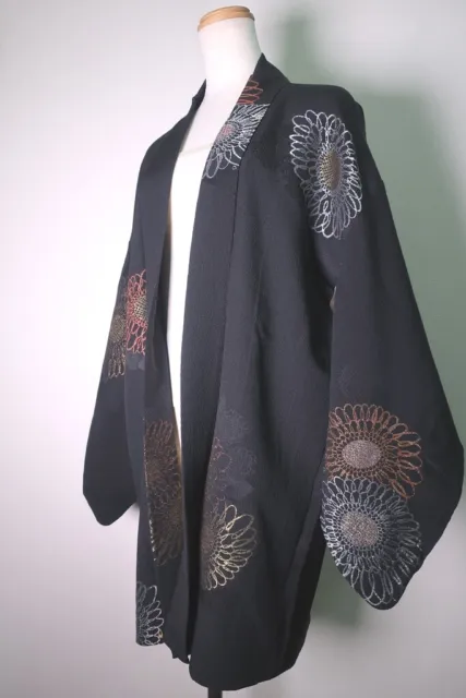 8655H4 Silk Vintage Japanese Kimono Haori Jacket Sunflower Butterfly Crests