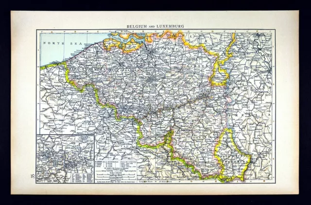 1900 Times Map Belgium & Luxembourg Brussels Ghent Antwerp Liege Charleroi Mons