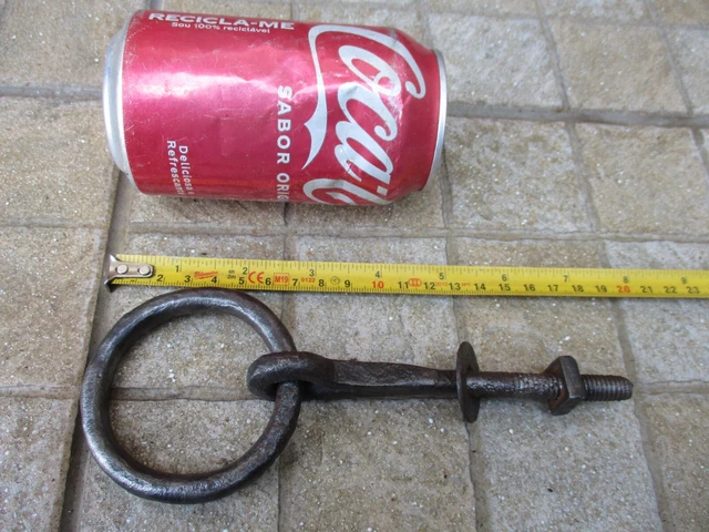 Antique Iron Tethering Ring on Pin Screw & Nut Meat Beam Game Hook Old Hardware.
