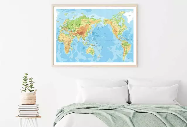 Pacific Centered Color World Map Print Premium Poster High Quality choose sizes