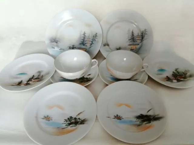 Kutani Egg Shell Porcelain Hand Painted Pair Of Tea Cups Saucers & Plates