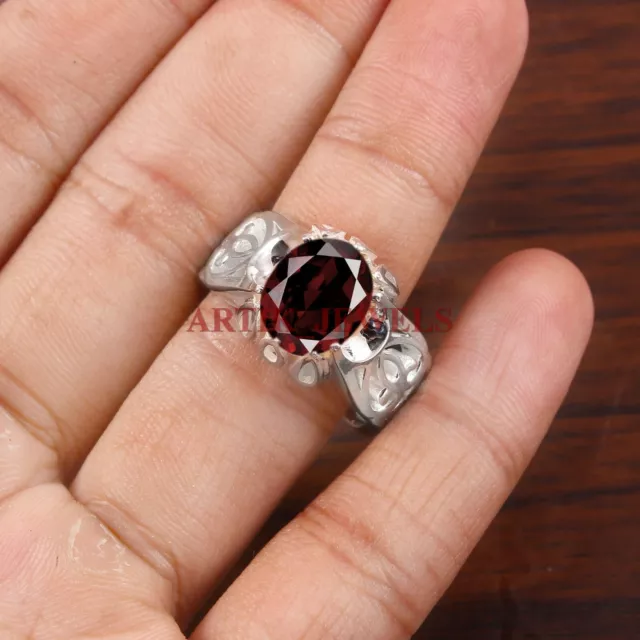 Natural Gema Granate Con 925 Anillo Plata de Ley para Hombres #4932