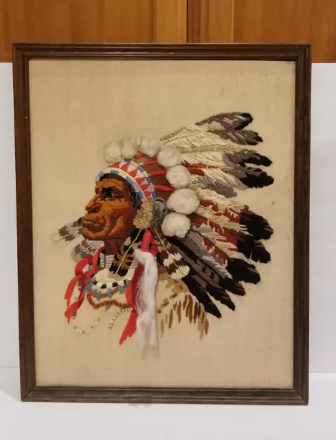 Vintage Native American Indian Chief Crewel Needlepoint Embroidery Framed Art