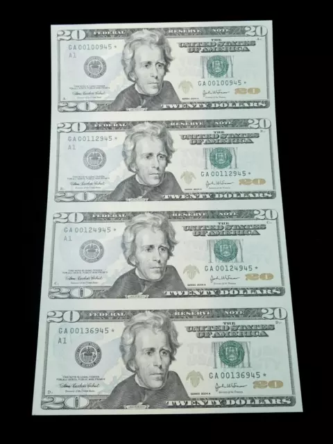 2004 A $20 Federal Reserve Uncut Sheet of 4 Star Notes - Serial # 00112945*