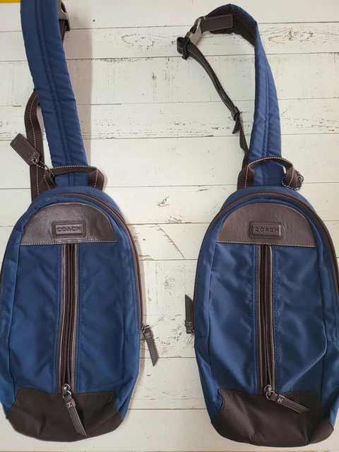 Used Coach Dark Blue Nylon Leather Shoulder Pack Bag Varick NYL Sling 15 x 8