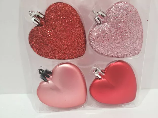 Valentines Day Pink Red Glitter Hearts 2.5" Plastic Tree Ornaments Decor 6pc 2