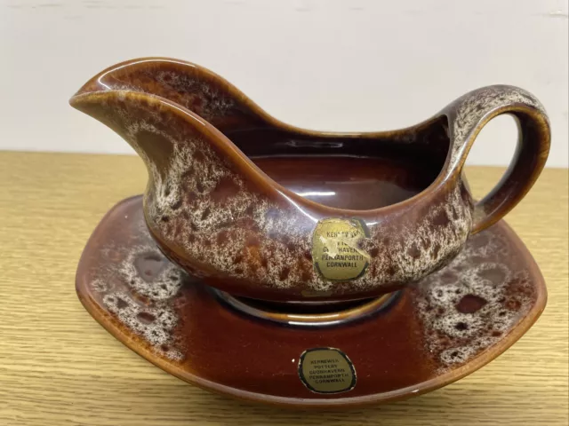 Kernewek Pottery. Brown Drip glaze.  Small sauce/gravy jug with saucer