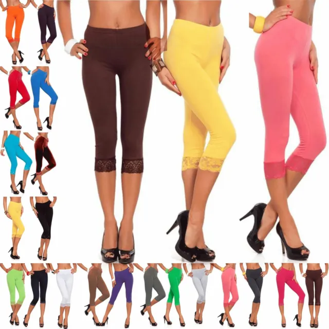 Womens 3/4 Length Lace Jeggings Ladies Trim Edge Cropped Jog Trousers Leggings
