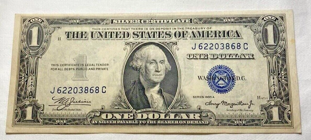 VINTAGE one DOLLAR 1935-A $1 SILVER CERTIFICATE BILL WASHINGTON BLUE SEAL VNC