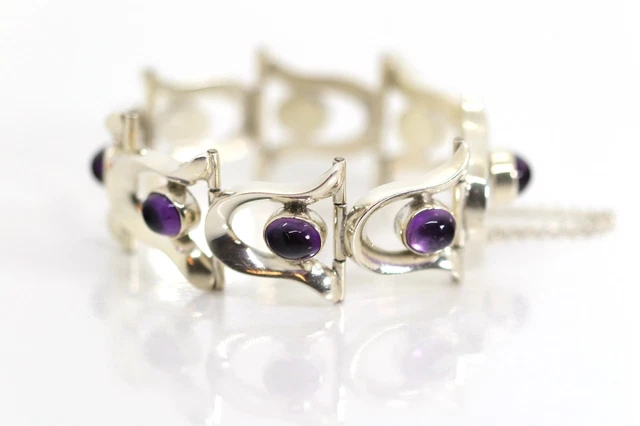 Bracelet Manchette En Argent Massif 925 Et Cabochons D'Ambre - Style Ethnique - Occasion Très Bon État