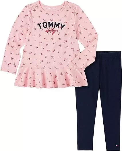 Tommy Hilfiger Baby Girls' 2 Pieces Leggings Set, Rose Shadow Printed/Navy Blaze