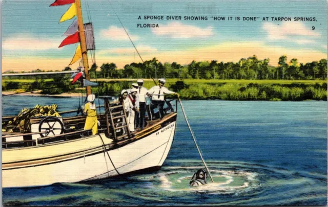 A Sponge Diver at Tarpon Springs Florida Linen Postcard