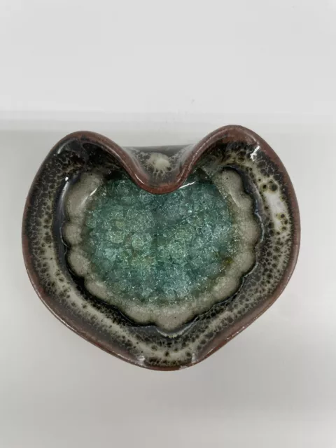 Art Pottery Trinket Dish Brown Glaze Green  Geode Crackle Glass Heart