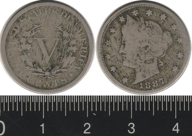 USA: 1887 Five Cents Liberty Nickel with 'CENTS' 5c  Cat F US $35 = A$53