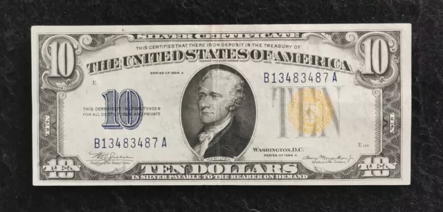 VEREINIGTE STAATEN: 1 x 10 US-Dollar gelbes Siegel 1934a Banknote.