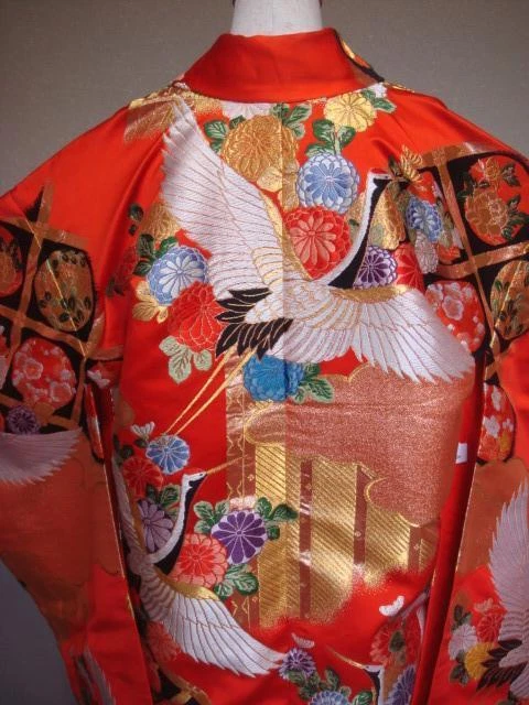 Japanese used Iro uchikake KIMONO Pure Silk Crane bridal dress