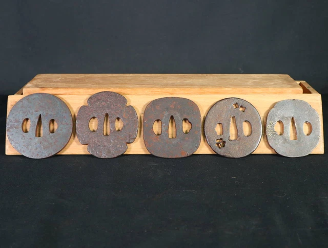 Set Of Five Tsuba From The Edo Period Papayairon Round Ground Houndstooth Design