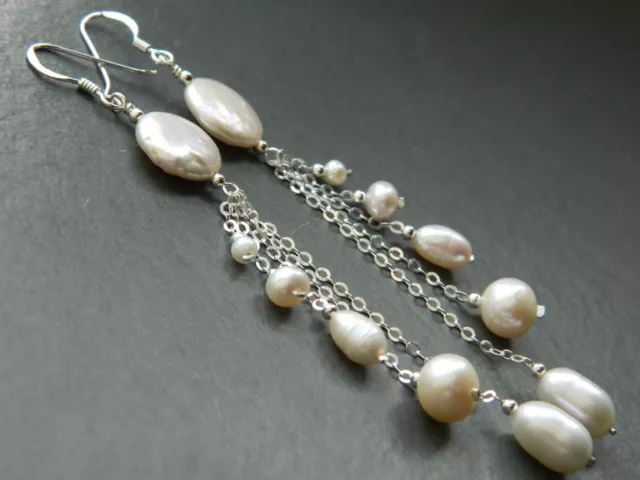 Alex Polizzi Style Long Earrings ~ White Freshwater Pearls & 925 Sterling Silver