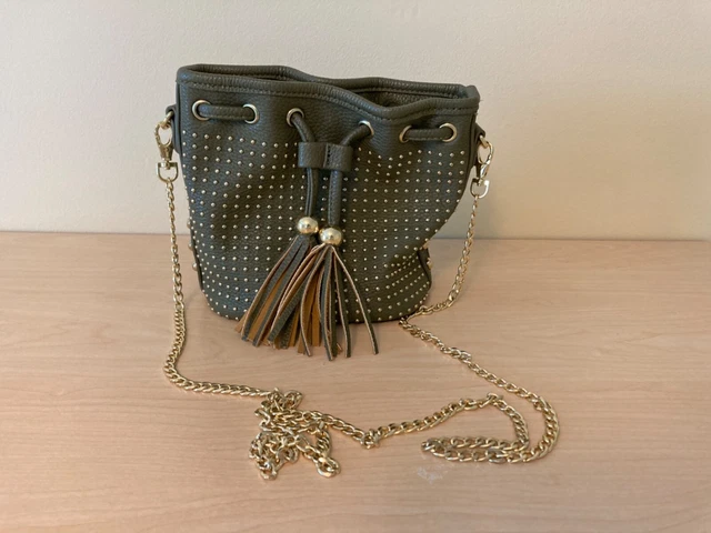 Charming Charlie army green pleather purse gold chain good condition gold decor