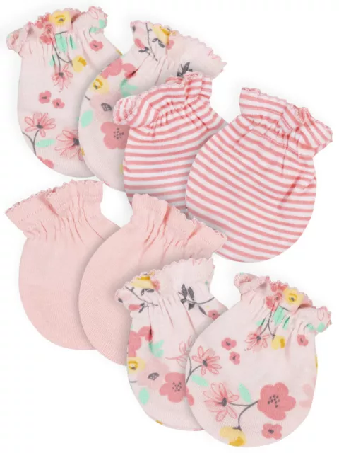 Gerber Baby Girls 4 Pack Organic Cotton Mittens Size 0-3 Months Floral Pink
