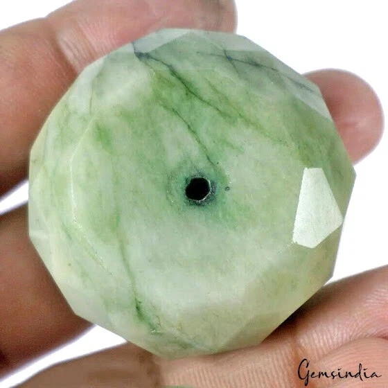 Certified 340 Cts Natural Brazilian Green Emerald Round Checker Cut Bead-40x26mm Certified 340 Cts Natural Brazilian Green Emerald Round Checker Cut Bead-40x26mm