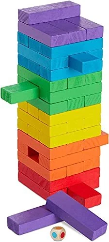 Lot de 48 blocs de construction en bois - Tour vacillante multicolore empilab...