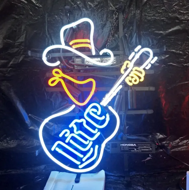 Miller Lite Beer Cowboy Guitar 20"X16" Neon Lamp Light Sign Bar Wall Decor