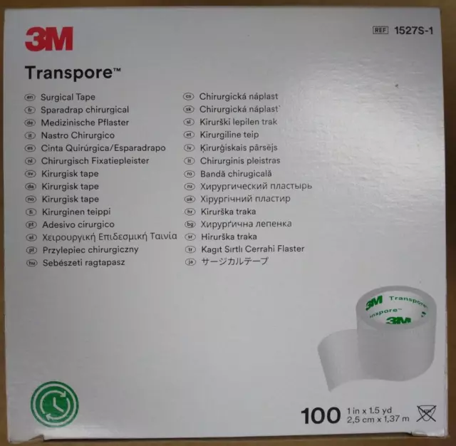 3M Transpore Medical Tape 1" x 1.5 yd 1527S-1  1 Box 100 Rolls/Box Exp. 03/2025