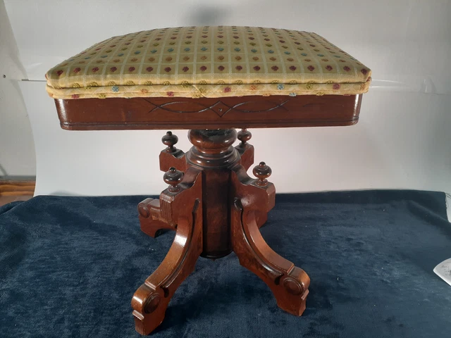 Antique Victorian Burl Walnut Piano Stool, Hi-style, Reupohlstered Antique Victorian Burl Walnut Piano Stool, Hi-style, Reupohlstered