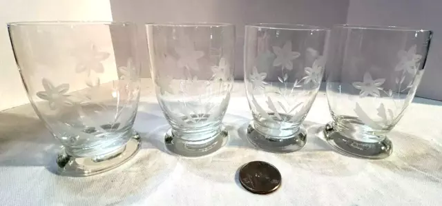 4 Piece Lot - Pretty Vintage  - 3.5" Clear Juice Glasses w/Etched Flowers