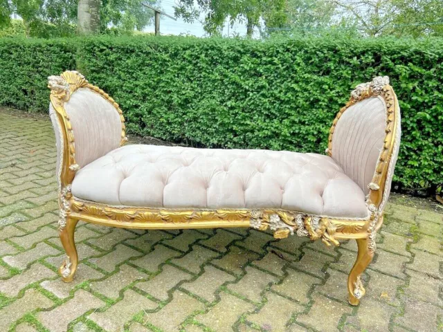A new French Louis XVI style chaise, bench, or settee in tan with gold 2