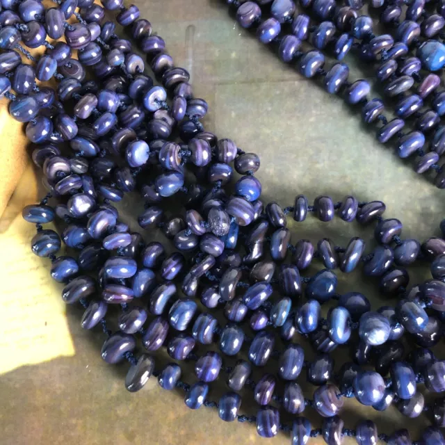 Multi Strand Torsade Dyed Banded Shell Blue Banded Bead Hand Knotted Necklace 3