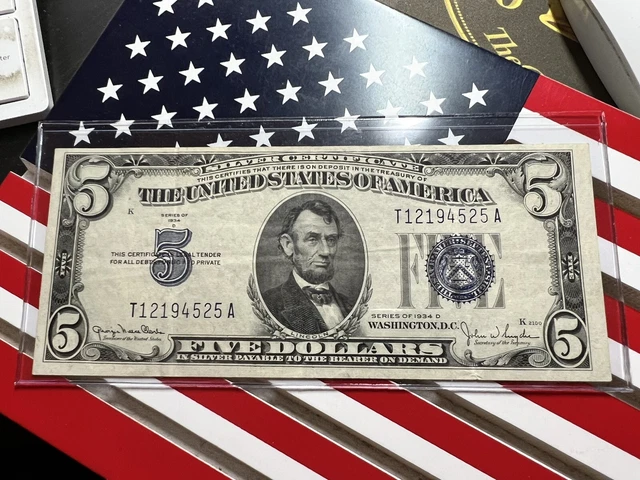 1934-D $5 Five Dollar Silver Certificate Blue Seal Note T12194525A