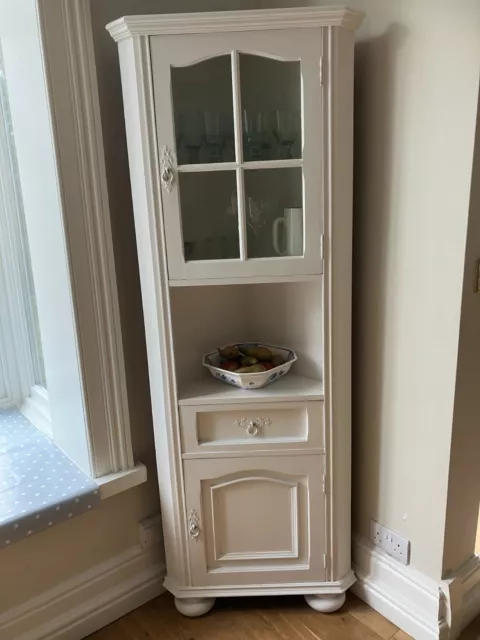 Vintage freestanding corner cupboard, wooden painted white