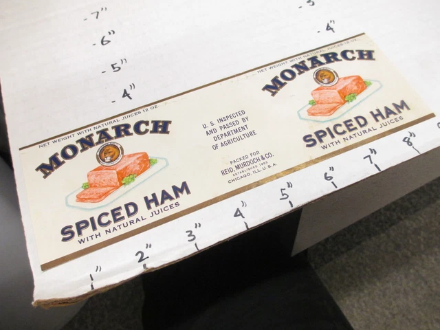 MONARCH spiced ham 1930s metal tin can food paper label Reid Murdoch Chicago