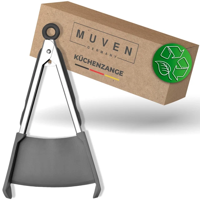MUVEN Germany Küchenzange Silikon, Pfannenwender, Zangenwender, Edelstahl 2 in 1