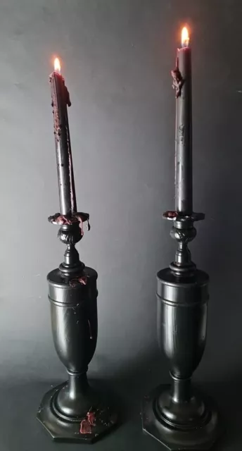 A Pair Of Vintage Turned Satin Black Gothic Vamp Wooden Candlesticks 295mm Tall