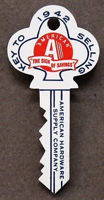 1942 AMERICAN HARDWARE SUPPLY CO. Key to Selling figural celluloid ad key fob +