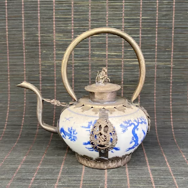 collection Porcelain Inlaid silver Handmade Statue Dragon Monkey Teapot 93107